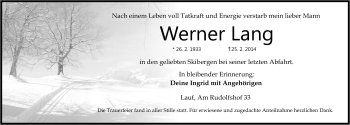 Traueranzeige von Werner Lang von Pegnitz-Zeitung